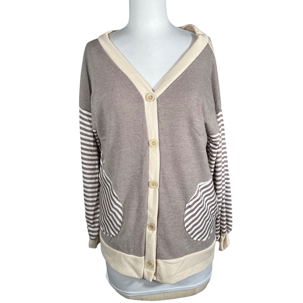 Sew In Love Womens Striped‎ Colorblock Cardigan Taupe Cream Oversized Small